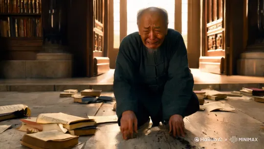 一个中国老头跪在图书馆门口，成片的图书烧成灰烬，在悲伤的哭泣，图书着火了，被扑灭了。 by Hailuo AI Video Generator