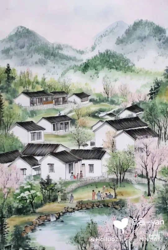 镜头缓缓推进，逐渐展现出白墙黛瓦。村落中的房屋开始升起袅袅炊烟，村民们在院子里忙碌着准备早餐。画中的人物在相互交谈和到处走动，表现生机，镜头推进特写画中的人物，人物在走动交谈。 by Hailuo AI Video Generator