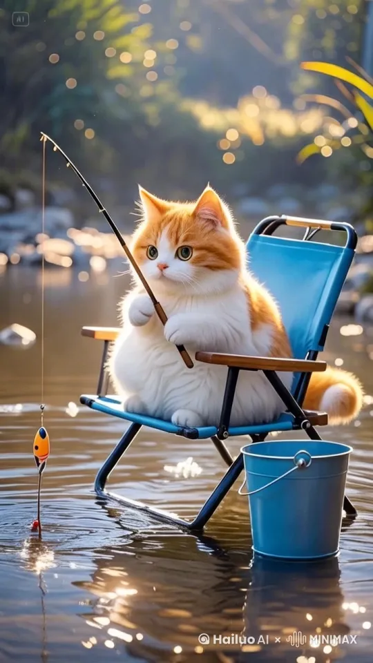 主体动态呈现，自然流畅，橘猫钓上来一只超大龙虾，用力的拿着鱼竿往上拉，椅子不动，镜头固定 by Hailuo AI Video Generator