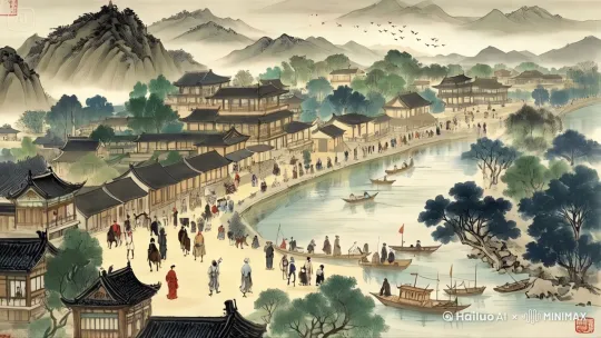 为了将这幅美丽的传统山水画转化为生动的视频，我们可以采用以下运镜效果和场景转换，使图片内容活起来，体现当代的人文气息：

1. **开场镜头**：
   - 从远景开始，逐渐拉近镜头，展示整个山水画的壮丽景色。山峦叠嶂，河流蜿蜒，建筑错落有致。
   - 使用缓慢的推镜头和拉镜头相结合，逐渐拉近观众与画面的距离，让他们感受到画面的层次感和深度。

2. **桥梁上的行人**：
   - 镜头慢慢移动到桥梁上，跟随桥上行人的步伐，展现他们的服饰和行为。
   - 使用跟踪镜头（Tracking Shot），让观众感觉仿佛自己也行走在桥上，感受古代生活的氛围。

3. **河面上的船只**：
   - 镜头转向河面，跟随船只的移动，展示船上的乘客和货物。
   - 使用平移镜头（Pan Shot），让观众看到船只在水面上缓缓前行，感受河水的宁静和流动。

4. **建筑群**：
   - 镜头转向河岸的建筑群，展示古建筑的细节和布局。
   - 使用俯拍镜头（High Angle Shot），让观众从高处俯瞰整个建筑群，感受古代城镇的繁荣和秩序。

5. **自然景观**：
   - 镜头转向周围的自然景观，展示树木、山峦和河流。
   - 使用环绕镜头（Orbit Shot），让观众360度全方位欣赏自然景观，感受大自然的美丽和宁静。

6. **人文气息**：
   - 镜头聚焦在人群的活动上，展示他们的日常生活和互动。
   - 使用特写镜头（Close-up Shot），捕捉人们的表情和动作，体现当代的人文气息。
   - 使用慢速推镜头（Slow Push-In），逐渐拉近观众与人群的距离，让他们感受到人们的情感和互动。

7. **结尾镜头**：
   - 最后，镜头再次拉远，回到远景，展示整个画面的全景。
   - 使用慢速推镜头和拉镜头相结合，逐渐将观众带离画面，留下深刻的印象。

通过以上运镜效果，我们可以将这幅静态的传统山水画转化为一部生动的视频，让观众仿佛置身于古代的山水之间，感受那份宁静与美好，同时也能体现出当代的人文气息。 by Hailuo AI Video Generator