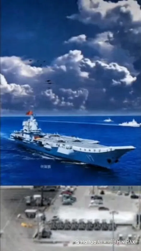 天上有战斗机，编队飞行，大海上航空母舰盘旋着驶过码头，甲板上的舰载机快速的起飞，拍摄镜头紧跟着滑翔的舰载机，最后是舰载机的特写。 by Hailuo AI Video Generator