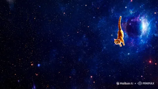 一直在太空自由飞翔的橘猫[右移,左摇,跟随] by Hailuo AI Video Generator