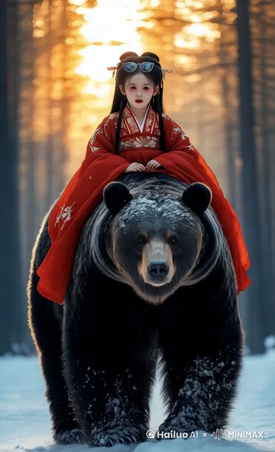 一个带着墨镜的女童和一只灰熊巨大在一起狂奔 by Hailuo AI Video Generator