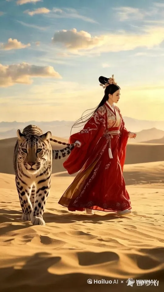 一个带着墨镜的女童和一只灰熊巨大在一起狂奔 by Hailuo AI Video Generator