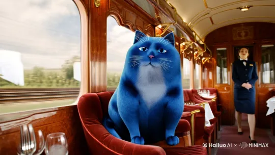 动车坐位上一只蓝色的胖猫，乘务员从旁边走过来，找胖猫要学生证 by Hailuo AI Video Generator
