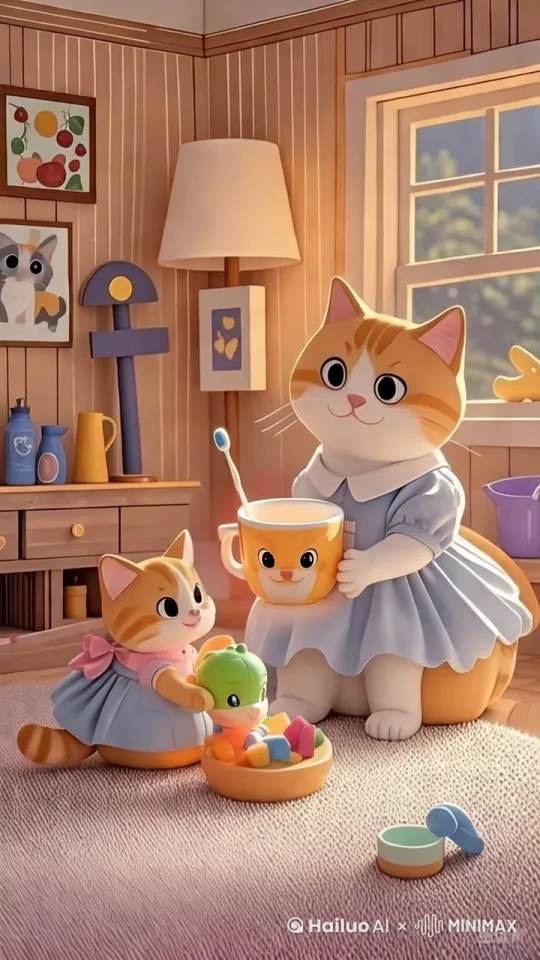 阳光明媚的早晨，温馨的小猫家里，小猫正坐在毛毯上玩玩具，猫妈妈拿着牙刷走过来，脸上挂着温和的笑容 by Hailuo AI Video Generator