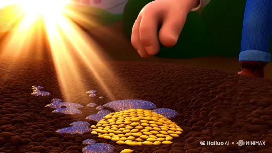 🌱 播种阶段（0-2s）
[3D animation close-up] A farmer's hand planting golden corn seeds in dark soil, sparkling water droplets, morning sunlight rays, cartoonish soil texture, particle effects

🌱 生长阶段（2-4s）
[Time-lapse sequence] Corn sprout growing into stalk, rotating camera angle, glowing growth particles, dynamic cloud movement, rainbow refractions through water droplets

🌽 丰收阶段（4-6s）
[Low-angle shot] Giant combine harvester with rotating blades, golden corn kernels pouring into truck bed, flying husk particles, sunset gradient sky

🍳 烹饪阶段（8-11s）
[Macro view] Sizzling butter in pan, corn kernels popping into golden popcorn, steam physics simulation, cinematic food lighting, slow-motion expansion

👧 品尝阶段（11-16s）
[Child POV close-up] Chubby hands grabbing popcorn, slow-motion bite crunch, exaggerated happy expression with starry eyes, floating flavor notes (butter/salt), warm kitchen background bokeh by Hailuo AI Video Generator
