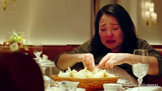 一位孕妇坐在一家餐馆吃饺子，嘴巴塞满了还往里塞，，表情泪流满面，似乎想着那些很不高兴的事情。运镜从远慢慢的拉近直到看到脸上的表情 by Hailuo AI Video Generator
