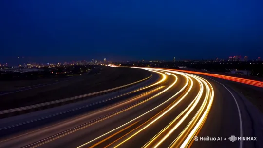 高速公路夜景景随拍，远处是城市的夜景，流光，实景，主题明确，高清画质，尼康相机，大片感 by Hailuo AI Video Generator