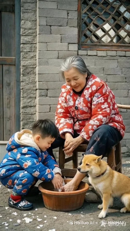 镜头移动，动态跟随，小孩子帮大妈洗脚，大妈突然脚踢向小孩子，小孩子被踢飞了，大妈后空翻摔倒在地，小孩子后仰摔倒，将脚下脸盆踢飞起来，水花飞溅，旁边小狗跳起来，飞到天上，咬住水盆。 by Hailuo AI Video Generator