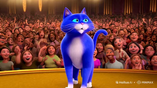 一只蓝色的猫在台上唱歌台下有人欢呼 by Hailuo AI Video Generator
