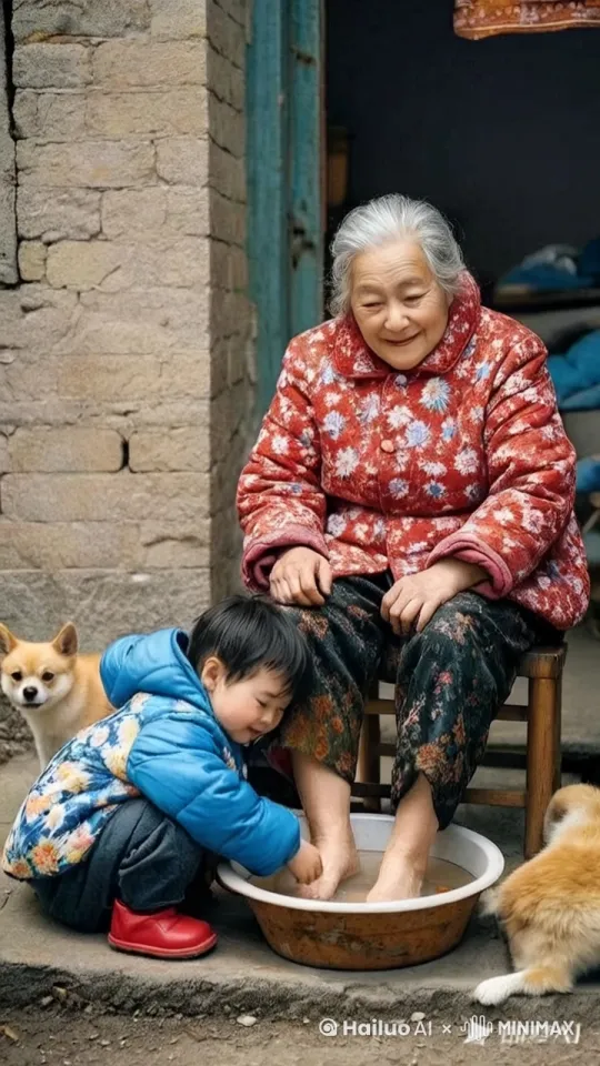 镜头移动，动态跟随，小孩子帮大妈洗脚，大妈突然脚踢向小孩子，小孩子被踢飞了，大妈后空翻摔倒在地，小孩子后仰摔倒，将脚下脸盆踢飞起来，水花飞溅，旁边小狗跳起来，飞到天上，咬住水盆。 by Hailuo AI Video Generator