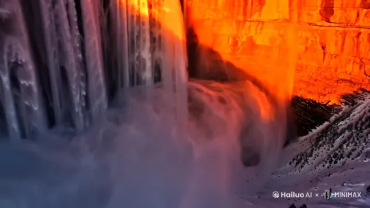 以无人机视角低空穿行拍摄内华达山脉冬季雪水瀑布，夕阳以58度角照射650米高水幕，水珠折射形成炽热熔岩流淌的视觉错觉，镜头从悬崖底部仰拍至瀑布顶端，捕捉橙红色光晕在花岗岩壁的渐变晕染，背景加入慢动作水雾飞溅特效 
关键词：季节性光学现象、熔金色水雾、花岗岩纹理强化、低角度逆光 by Hailuo AI Video Generator