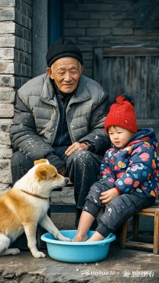 镜头移动，动态跟随，小狗帮孩子洗脚，大爷突然脚踢向小孩子，小孩子被踢飞了，大爷后空翻摔倒在地，小孩子将脚下脸盆踢飞起来，水花飞溅，旁边小狗跳起来，飞到天上，咬住水盆。 by Hailuo AI Video Generator