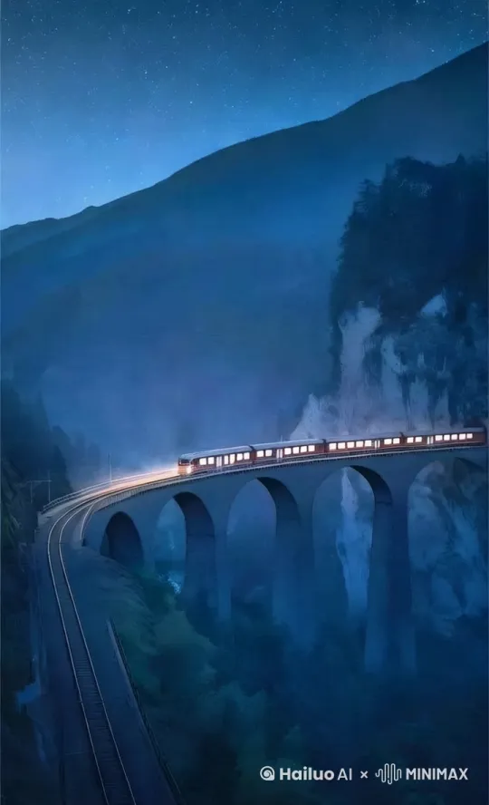 从从远及近，火车进山洞，出离山洞后，继续行驶。 by Hailuo AI Video Generator
