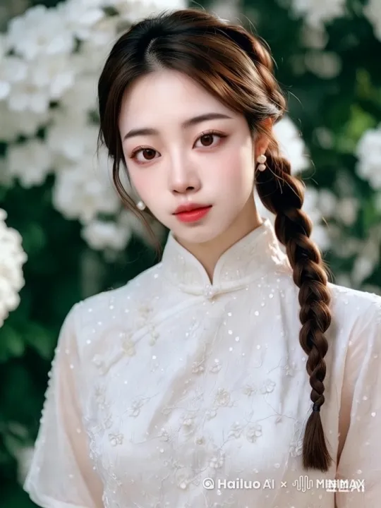 微风从左上角拂过，吹起两鬓的碎发，花瓣从上往下慢慢飘落 by Hailuo AI Video Generator