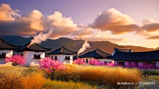 以中景镜头起，展现古村落的宁静景致。画面中，白墙黑瓦的徽派建筑错落分布，屋前粉色桃花灼灼盛开，金黄与白色的花田随风轻摆。炊烟从屋顶袅袅升起，缓缓飘散。远处，山峦在夕阳余晖下轮廓柔美，天空中，形态各异的白云悠然飘动，被夕阳染成橙黄与淡紫的渐变色。镜头缓慢平移，光线柔和温暖，营造出舒缓治愈的氛围。 by Hailuo AI Video Generator