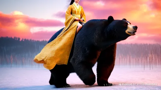 图片生成信息:一个妙龄美女身穿华丽高贵的金黄色汉服坐在一只体型巨大的黑灰色巨熊身上,女孩衣裳飘逸,历经风雪,面向镜头行走,灰熊体型巨大在行走,背景是一片原始森林,霞光普照,彩霞色调,充满神秘与壮丽的自然画卷,闪烁着温暖的光芒,低饱和度,低镜头仰拍镜头,近距离特写镜头,宅寂风格,东方美学,大师杰作,长焦摄影,超清写实摄影,超清8K,极简风格,超高细节 by Hailuo AI Video Generator