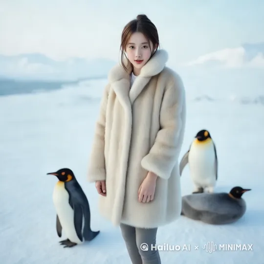 微笑，回头与企鹅打招呼，企鹅在冰在走动 by Hailuo AI Video Generator