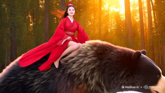 图片生成信息：一个妙龄美女身穿华丽高贵的红色汉服骑在一只体型巨大的黑灰色巨熊身上，女孩衣裳飘逸，历经风雪，但面带笑容，面向镜头行走，灰熊体型巨大在行走，女孩细腰。随着巨熊走动而上下起伏，背景是一片原始森林，霞光普照，彩霞色调，充满神秘与壮丽的自然画卷，闪烁着温暖的光芒，低饱和度，低镜头仰拍镜头，近距离特写镜头，宅寂风格，东方美学，大师杰作，长焦摄影，超清写实摄影，超清8K，极简风格，超高细节 by Hailuo AI Video Generator