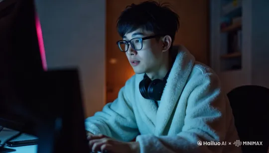 脖子上戴着耳机，穿着毛绒睡衣的男人，很专注的盯着电脑，两只手不停地忙活按鼠标跟键盘 by Hailuo AI Video Generator