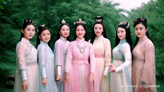 三国时期的美女合影，大乔、小乔、貂蝉、孙尚香、黄舞蝶、黄月英、甄宓，大片感觉，4K高清，一起比耶 by Hailuo AI Video Generator
