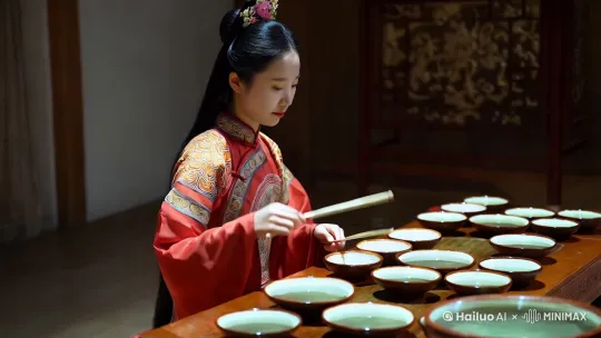 一个古装女孩子站在一个桌子的旁边，桌子上摆了10几个高低、大小不同的碗，里面有水，女孩两个手各拿着一根小细棍子，有音乐节奏地敲打各个碗，敲打出一段好听的音乐； by Hailuo AI Video Generator