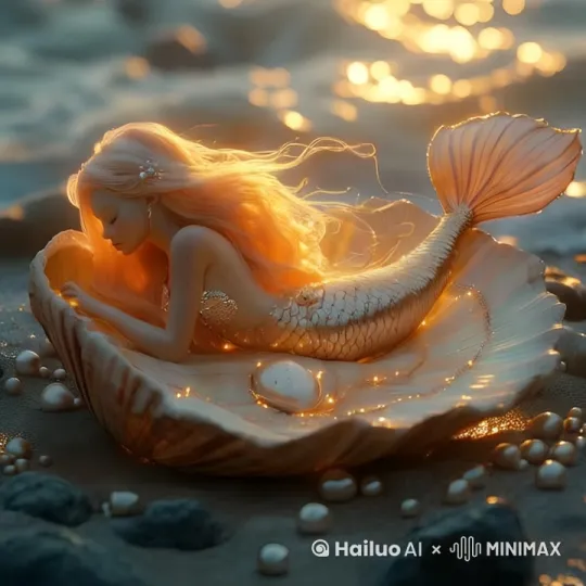 [左移,右摇,跟随]美人鱼轻轻摇了一下尾巴，海浪拍打贝壳 by Hailuo AI Video Generator