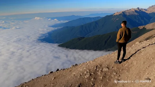 一个人站在一座山上看着一张床[变焦拉远,晃动] by Hailuo AI Video Generator