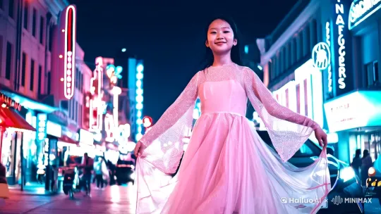 一个东方年轻女性身穿浅粉色轻薄透明长裙在街道上跳舞，镜头从前方跟随女性运动，画面色调艳丽，氛围绚丽科幻。她的衣服在灯光下闪烁着银色的冷光，周围的霓虹灯投下斑驳的亮光。镜头开始缓缓下降，并围绕她盘旋，随着视角的变化，可以看到她脸上在微笑，脸上上还有灯光闪烁的痕迹，镜头继续环绕，从侧面滑过，逐渐拉近，捕捉到她可爱的侧脸。可以看到她微微咬紧的下唇，脸上几缕散落的头发被汗水浸湿，贴在额头上。随着镜头绕到她的正面，画面变得更加紧凑，焦点逐渐集中在她的脸上。此时，背景中的城市已经模糊成一片光斑[左移,右摇,跟随]。镜头最终停在了她的正面特写，聚焦在她锐利的眼睛上。月光打在她的脸上，勾勒出她脸上的每一个细节。 by Hailuo AI Video Generator