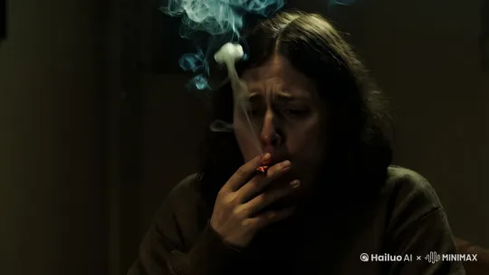 一个人坐着抽着烟，表情唉声叹气，似乎想着那些很不高兴的事情。运镜从远满满的拉近直到看到脸上的表情 by Hailuo AI Video Generator