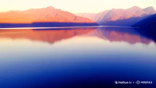 4. 湖泊倒影治愈
"宁静湖泊倒映着远山与晚霞，湖面泛起细碎波纹。一只白天鹅优雅游过，翅膀搅动水面形成涟漪。镜头先俯拍全景展现对称倒影，再切换至水面特写，缓慢旋转展示光影变化，色调以蓝紫渐变为主，氛围宁静舒缓" by Hailuo AI Video Generator