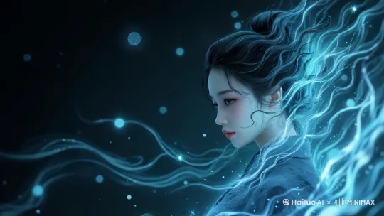 未来世界，全息投影，粒子特效，极简主义，微观世界，8k分辨率，景深效果，渐变过渡，创意十足，女人，头发飘逸，眼睛好看，中国人，淡淡流光，8k分辨率，超精细细节，超写实渲染，高保真建模，动态天气效果 by Hailuo AI Video Generator