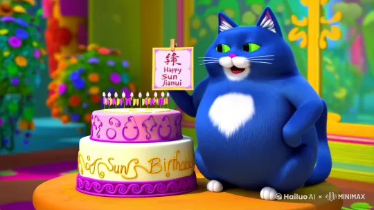 一只蓝色的胖猫坐在生日蛋糕旁手里举着一个牌子用中文写着“孙家辉生日快乐”蛋糕上写着生日快乐，一遍张嘴说话 by Hailuo AI Video Generator