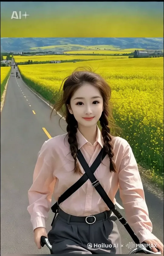 骑单车行驶在路上，身后花丛被风吹动，春意盎然，女孩微笑，开心，阳光洒满她的笑容。 by Hailuo AI Video Generator