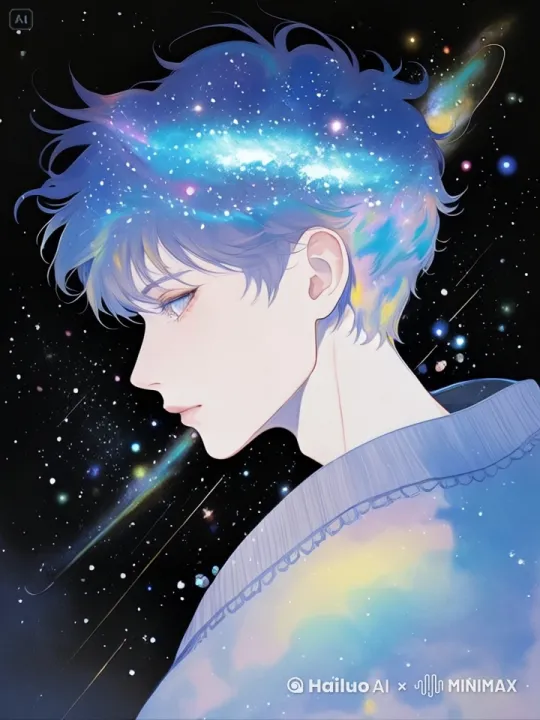 短发随风飘动，背景星云转动，星光闪耀，冷淡风，动作自然流畅，环境光，符合逻辑，极致细节，镜头跟拍，超真实动态捕捉。人物脸部不变形。清晰自然，不模糊，高质量，没有瑕疵， by Hailuo AI Video Generator