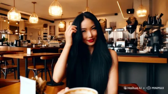 远景：一个长发中国女人，她身穿T恤，她坐在咖啡厅。背景为咖啡师和咖啡工作台。
中景：她右手向后捋一捋秀发。
近景：她头发乌黑，脸庞俊俏，口红明显，眼神明亮。她的左手缓缓端起咖啡杯，慢慢靠近嘴唇。 by Hailuo AI Video Generator