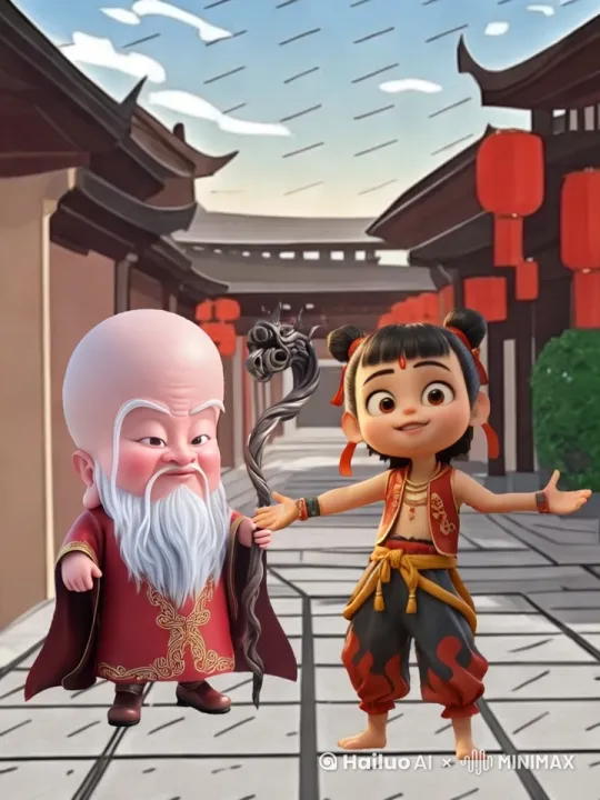 让图片里的两个人物用中国功夫打起来，左边的和尚一脚踢向右边的哪吒，右边的哪吒一闪躲过，一个前空翻踢向和尚，激励的打斗起来 by Hailuo AI Video Generator