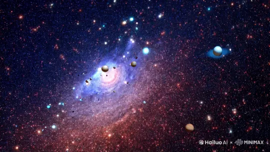 我想可视化太阳系运动，请背景有一种宇宙的随机和绚烂，实现太阳系各种天体运动的3D可视化，并绘制出每个天体的轨迹。另外行星的运动不该是平行围绕太阳公转，而是应该是螺旋形状的，太阳在向前飞，行星跟着太阳飞，行星保持公转的同时，和太阳的直线距离又不能产生变化。所以看起来应该是螺旋状的。可以用鼠标控制相机的移动。
仅供你理解：一个2D的太阳系平面，行星们按照他们的运动规则，围绕太阳公转。突然，2D平面变成了3D空间，太阳开始向一个方向飞去，由于行星受到太阳的引力束缚，保持原有公转的同时，和太阳的直线距离没有产生变化。 by Hailuo AI Video Generator