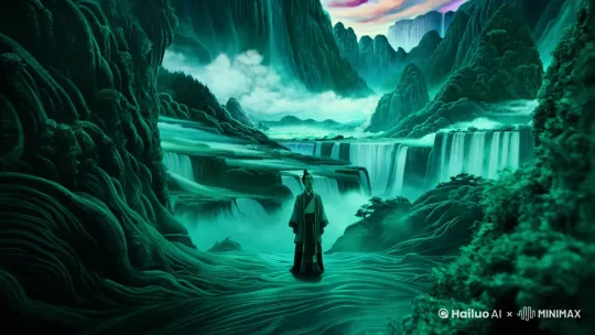 东方水墨美学融合现代动态特效，4K超清画质，高饱和度蓝绿色调，暗部保留青黛色晕染质感，光影层次分明 by Hailuo AI Video Generator