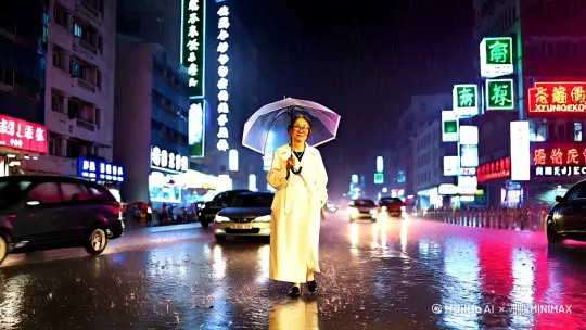 雨夜，50岁的山口百惠撑着一把透明伞，漫步在南京新街口，霓虹灯闪烁，车来车往，心中落寞 她带着无框眼镜，气质优雅，穿着白色长风衣 全景镜头 by Hailuo AI Video Generator