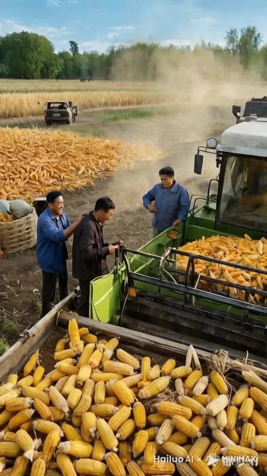 收割机慢慢收割着玉米，突然玉米地里穿出十几头黑色野猪，有的冲着收割机攻击，有的冲着人去攻击。人吓得到处跑。 by Hailuo AI Video Generator