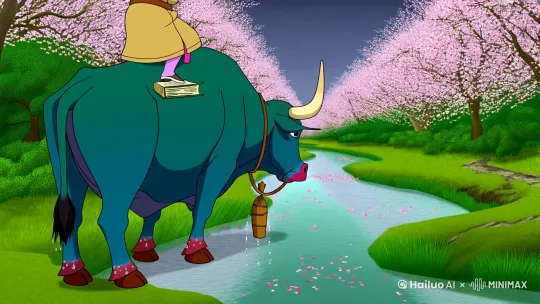 我将用文字为您描绘这幅春日牧歌图,并解析其中意境:
【画面构图】
近景:一头青牛悠然立于溪畔,牛角挂半卷诗书,牛尾轻摆露水珠
中景:蓑衣小童横坐牛背,竹笛斜插腰间,双手合拢作喇叭状仰天而歌
远景:两岸桃花云蒸霞蔚,落英随风卷入九曲清溪,远处黛山隐现古寺飞檐
【色彩运用】
1. 牛身以石青层层晕染,牛蹄蘸赭石点苔
2. 牧童绯红腰带与桃花形成色彩呼应
3. 溪水留白处散落胭脂色花瓣浮影
4. 天际线处渐变群青到月白,三两只墨燕斜掠
【动态细节】
- 牛首微侧,温润眼眸映出水中游鱼
- 小童右脚草鞋将坠未坠,足尖轻点水面涟漪
- 桃枝颤颤,惊起黄鹂振翅时抖落香雪阵阵
- 溪石旁半埋酒瓮,瓮口新生野兰数茎
【意境延伸】
画面外延可想象:
1. 山寺钟声穿花渡水而来
2. 炊烟自隔岸茅舍袅袅升起
3. 牛铃清响惊破青苔下冬眠的泉眼
4. 童谣回声惊觉桃树年轮又多一道
这幅画作通过动静相宜的布局,将"借问酒家何处有"的诗意化为可视的田园交响。青牛沉稳的墨色与桃花娇艳的粉彩形成张力,牧童的赤子之态与自然永恒循环暗合道韵,最终在观者心中奏响那支传唱千年的春日牧歌。 by Hailuo AI Video Generator