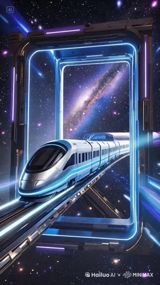 在高速行驶中的磁悬浮列车快速穿过时空之门。看上去时空之门及快的倒退！ by Hailuo AI Video Generator