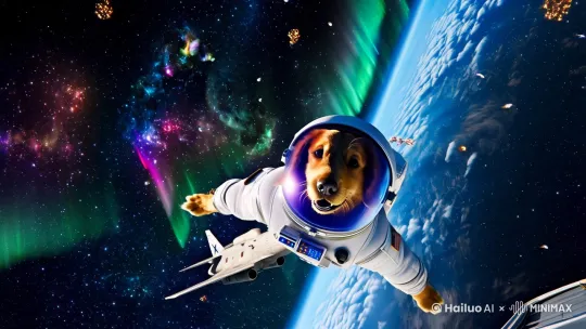 【基础主体】
（动漫类型）一只3岁左右的金毛巡回猎犬，毛发呈现蜂蜜金色，在零重力环境中漂浮。穿戴NASA最新款EVA太空服（白色复合材质+反光镀膜+LED状态指示灯），头盔面罩折射出星云光芒，金毛的头要在头盔里面耳朵不要漏出来。

【场景构建】
近地轨道空间站视角，背景可见地球弧线（蓝绿色大气层+云层细节）与密集星群。漂浮的陨石群呈现铁镍金属光泽，中景有SpaceX龙飞船残骸（带火星殖民涂装），远景出现极光波动。 by Hailuo AI Video Generator