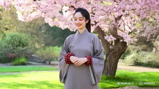（中景）画面中身着灰色居士服的人物，手持朱砂手串，微笑走向镜头：开口说话「师父常说，一泉一叶皆是修行。这周末，邀您来喝清泉茶、听晨钟偈，接一份属于自己的福缘」‌ by Hailuo AI Video Generator