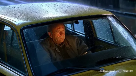 一辆出租车，一位中年司机在雨中等客 by Hailuo AI Video Generator