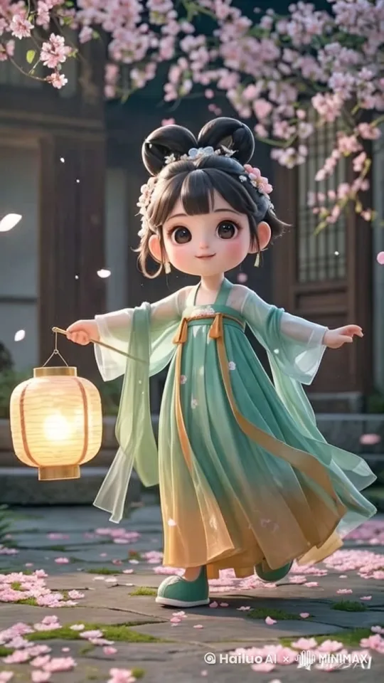二八少女身着黛绿交领襦裙，腰间垂月白宫绦，裙裾绣金线竹节纹，发间别翡翠流苏步摇。手持绛红六角宫灯随丝竹轻旋，广袖舒展似荷叶，灯笼穗子在月光下划出弧线。古戏台檐角宫灯相映，水墨竹林为幕，地面倒映暖光与舞姿。衣袂暗纹竹叶若隐若现，转身时灯笼纱面映桃花妆。传统元宵节诗意演绎，展现东方少女古典气韵与灵动之美。搭慢镜头捕捉裙摆光影层次。 by Hailuo AI Video Generator