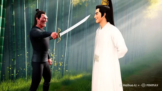 全景镜头，清晨雾气竹林，两名古装男子持剑对峙  
左侧反派：黑色劲装+刀疤脸+阴冷笑声，剑指对方  
右侧主角：白衣飘飘+束发金冠+负手而立，嘴角微微上扬  
画面元素：动态落叶飘落+水墨风晕染光效  [左移,上升] by Hailuo AI Video Generator