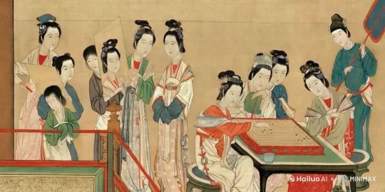 画中人们各司其职，赏画的赏画，下棋的下棋，打扇的打扇，一派和谐美好的模样。 by Hailuo AI Video Generator